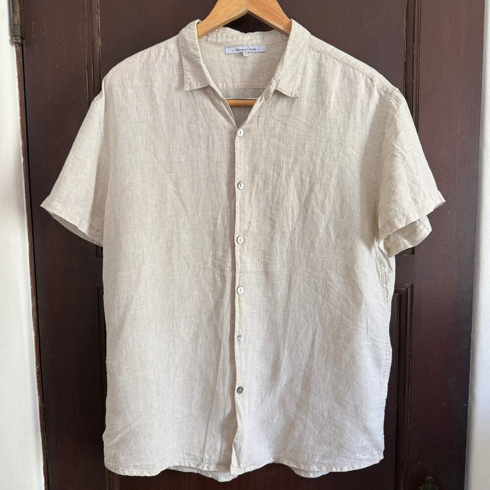 ABOVE THE CLOUDS Natural Beige Linen Button down Boxy Shirt Large Minimalist